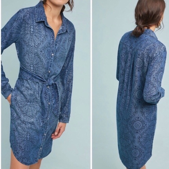 Cloth & Stone Anthropologie Medallion Print Chambray Tie Waist Shirt Dress Small - Picture 2 of 16
